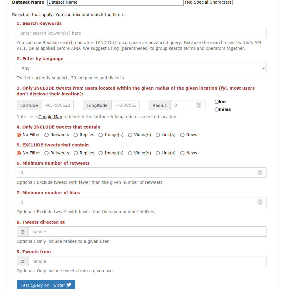 Form of filters to harvest tweets with Netlytic