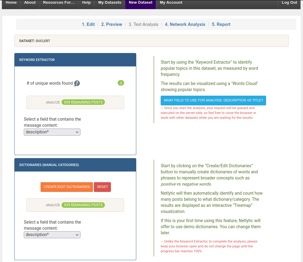 Text analysis tab in Netlytic